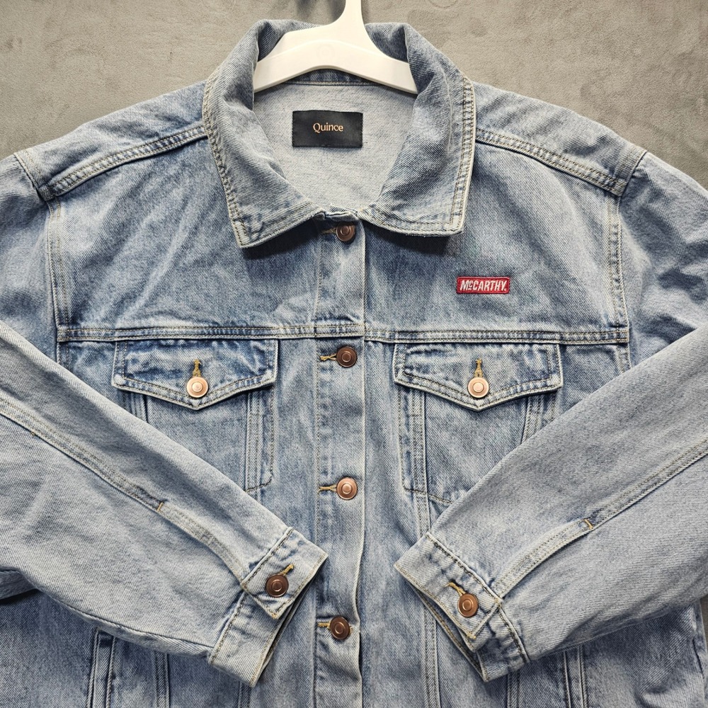 Quince Womens Organic Cotton Oversized Denim Jacket Indigo Blue McCarthy Patch L - Picture 4 of 9